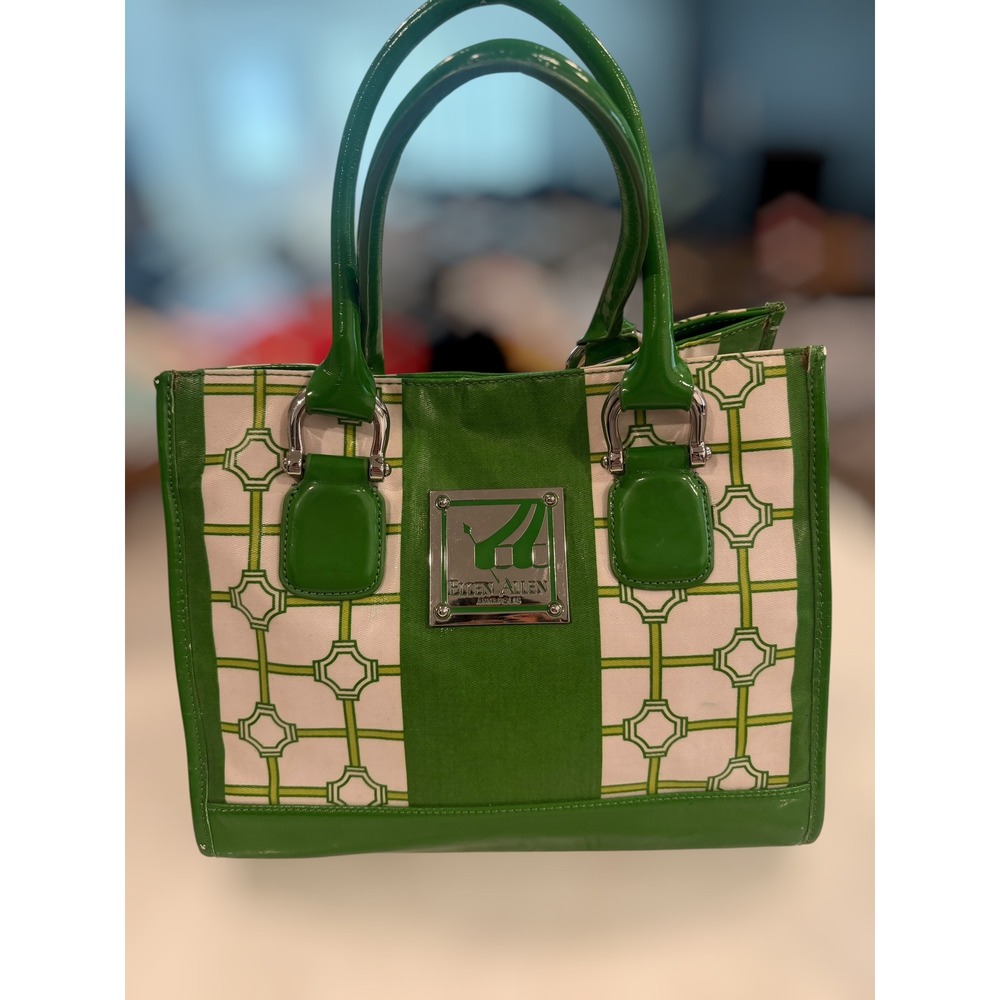 Ellen Allen Annapolis Green White Geometric Lattice Coated Canvas Tote Bag